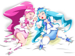  10s 2girls bed blue_hair cocco_(cocco1192) cure_blossom cure_marine diaper hanasaki_tsubomi heartcatch_precure! highres kurumi_erika long_hair multiple_girls pacifier peeing pink_hair precure tagme thighhighs  rating:Questionable score:21 user:chaosbeast