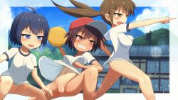  3girls absurdres anus ball baseball_cap black_hair blue_eyes blue_hair blurry blurry_background blush bottomless brown_eyes brown_hair cleft_of_venus dodgeball female_focus grin hair_ornament hairclip hat highres holding holding_ball huge_filesize loli multiple_girls navel nipples open_mouth original outdoors pointing pussy red_headwear smile tai_ichi twintails  rating:Explicit score:144 user:Lagiacrucifix