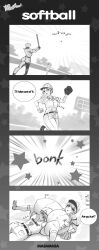  3girls 4koma accident baseball_ball baseball_bat baseball_cap baseball_glove baseball_uniform between_breasts between_legs blush bouncing_breasts breasts comic dot_nose english_text fallen_down female_focus gigantic_breasts grabbing grabbing_another&#039;s_breast hat large_breasts masamasa monochrome motion_lines multiple_girls original running speech_bubble sportswear spread_legs 