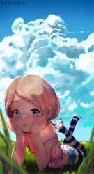  1girl absurdres bare_shoulders black_thighhighs blonde_hair blue_eyes blue_sky breasts cloud day denim denim_shorts diathorn downblouse feet female_focus grass hands_on_own_face highres linnea loli looking_at_viewer lying nipples no_shoes on_grass on_ground original outdoors pink_shirt shirt shorts sky small_breasts soles solo spring_(season) striped_clothes striped_thighhighs thighhighs white_thighhighs  rating:Questionable score:276 user:Domestic_Importer
