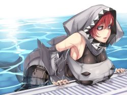 1girl armpits asutora bare_shoulders black_sclera borrowed_character breasts colored_sclera commentary_request copyright_request detached_sleeves fingernails fins grey_eyes grey_skirt hood hood_up huge_breasts long_sleeves looking_at_viewer mermaid monster_girl parted_lips partially_submerged pleated_skirt red_hair shark_girl sharp_teeth short_hair skirt solo teeth wading water wet rating:Sensitive score:39 user:danbooru