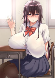 1girl arm_behind_back black_hair blue_eyes blush bow bowtie breast_rest breasts breasts_on_table button_gap chair classroom hair_between_eyes highres huge_breasts indoors lips long_hair looking_at_viewer original pantyhose pleated_skirt ricochet-gou school_chair shirt sitting skirt solo unaligned_breasts uniform waving white_shirt rating:Questionable score:207 user:danbooru