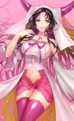  10s 1girl bare_shoulders black_hair blush breasts closed_mouth cowboy_shot detached_sleeves facial_mark fate/extra fate/extra_ccc fate_(series) forehead_mark horns lace large_breasts long_hair long_sleeves looking_at_viewer matsurika_youko navel panties pink_panties pink_thighhighs sessyoin_kiara sideboob smile solo stomach thighhighs underwear veil very_long_hair wide_sleeves yellow_eyes  rating:Sensitive score:28 user:danbooru