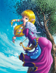  1girl arched_back ass blonde_hair blue_eyes bracelet day from_behind harp highres instrument jewelry long_hair looking_at_viewer looking_back nintendo pointy_ears princess_zelda solo the_legend_of_zelda the_legend_of_zelda:_skyward_sword yuqoi  rating:Questionable score:181 user:danbooru