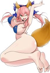  1girl animal_ears ass barefoot bikini bottomless bouncing_breasts breasts brown_eyes fate/grand_order fate_(series) feet fox_ears fox_tail highres large_breasts long_hair looking_at_viewer one_eye_closed open_mouth panimiiru pink_hair smile soles solo swimsuit tagme tail tamamo_(fate) tamamo_no_mae_(fate/extra) tamamo_no_mae_(swimsuit_lancer)_(fate) toes  rating:Questionable score:57 user:fumanchu85