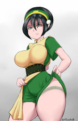  1girl allbeatnik alternate_breast_size avatar:_the_last_airbender avatar_legends black_hair clothes_lift eyes_visible_through_hair green_eyes hairband highres legs light_green_eyes looking_at_viewer pelvic_curtain pelvic_curtain_lift shaded_face shorts_lift solo the_legend_of_korra thick_thighs thighs toph_bei_fong  rating:Sensitive score:106 user:Cum_master