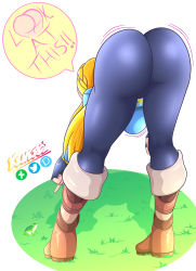 1girl absurdres ass ass_shake bent_over blonde_hair boots breasts fingerless_gloves frog from_behind gloves hanging_breasts highres huge_ass jiggle kenergi large_breasts long_hair nintendo pants princess_zelda shiny_clothes shirt solo the_legend_of_zelda the_legend_of_zelda:_breath_of_the_wild tight_clothes tight_pants rating:Questionable score:45 user:armorcrystal