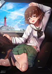  1girl blue_eyes blush breasts brown_hair car_interior covered_erect_nipples freckles girls_und_panzer highres looking_at_viewer megadeko navel open_mouth short_hair sky small_breasts smile solo steering_wheel tsuchiya_(girls_und_panzer)  rating:Questionable score:5 user:tanaab1234567890