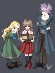  1boy 2girls :o absurdres age_difference arms_behind_back ascot black_footwear black_thighhighs blonde_hair blue_ascot blue_coat blue_eyes brown_footwear brown_hair brown_pants coat collarbone collared_shirt dress garry_(ib) green_dress green_shirt grey_background height_difference highres holding ib_(ib) ib_(kouri) looking_at_another looking_at_object manual mary_(ib) multicolored_hair multiple_girls open_clothes open_coat open_mouth pants pleated_skirt purple_eyes purple_hair red_ascot red_eyes red_footwear red_skirt shirt simple_background skirt streaked_hair thighhighs twitter_username watermark white_shirt yume_harukasumi 