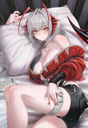  1girl absurdres ahoge antennae arknights bare_shoulders black_shorts breasts cleavage commentary crop_top grey_hair highres indoors jacket large_breasts long_sleeves looking_at_viewer lying midriff mildt nail_polish on_side pillow red_jacket red_nails short_hair short_shorts shorts solo thighs w_(arknights) wis&#039;adel_(arknights) yellow_eyes 