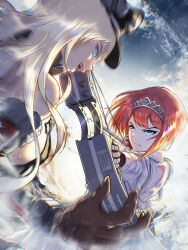  2girls anchor angry ark_royal_(kancolle) arrow_(projectile) bismarck_(kancolle) blonde_hair blue_eyes blurry bob_cut bow_(weapon) breasts brown_gloves closed_mouth cloud cloudy_sky compound_bow corset detached_sleeves evil_eyes fighting fighting_stance fingerless_gloves gesugao glint gloves hat highres holding holding_bow_(weapon) holding_weapon isasin929 kantai_collection long_hair looking_at_another looking_to_the_side medium_breasts military military_hat military_uniform multiple_girls open_mouth outdoors peaked_cap quiver ready_to_draw red_hair short_hair sideboob sky sneer teeth tiara translation_request uniform upper_body upper_teeth_only wavy_hair weapon white_corset 