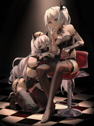 2girls bdsm bitchsuit black_bow black_bra black_gloves black_panties black_ribbon blue_eyes bound bound_arms bound_legs bow bra breasts bronya_zaychik chinese_commentary commentary_request elbow_gloves full_body ginklaga gloves hair_bow hair_ribbon high_heels highres honkai_(series) honkai_impact_3rd human_dog long_hair medium_breasts multicolored_hair multiple_girls paid_reward_available panties pet_play ribbon small_breasts theresa_apocalypse thighhighs two-tone_hair underwear white_hair rating:Questionable score:38 user:danbooru