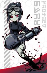 1girl black_hair black_sclera breasts closed_mouth colored_sclera colored_skin commentary_request cracked_skin full_body gatling_gun goggles goggles_on_head grey_skin gun highres holding holding_gun holding_weapon korean_commentary medium_hair minigun nautilus_(splatoon) nintendo octoling octoling_girl octoling_player_character red_eyes solo splatkae splatoon_(series) splatoon_3 tentacle_hair weapon white_background