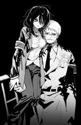  1boy 1girl amputee armband averting_eyes bags_under_eyes bandage_over_one_eye bandaged_head bandages belt breasts carrying child_carry coat collared_shirt commentary_request cowboy_shot crutch dress_shirt eren_yeager facial_hair furrowed_brow genderswap genderswap_(mtf) gloom_(expression) goatee grey_background greyscale grimace highres jacket jihecchi korean_commentary lapels large_breasts long_hair long_sleeves looking_ahead looking_at_viewer looking_down messy_hair military_coat military_uniform missing_limb monochrome necktie nervous_sweating open_clothes open_jacket pants parted_lips popped_collar reiner_braun sanpaku shingeki_no_kyojin shirt short_hair simple_background standing sweat uniform very_short_hair 