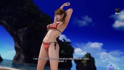 1girl 3d animated armpits ass barefoot beach bikini blue_eyes breasts brown_hair checkered_bikini checkered_clothes cleavage dead_or_alive dead_or_alive_xtreme_venus_vacation exercising long_hair lying monica_(doa) video navel outdoors red_bikini solo sound stretching string_bikini swimsuit twintails underboob walking