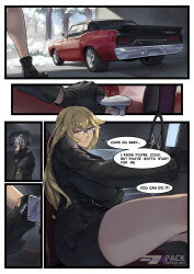 1girl 5koma artist_logo artist_name belt black_gloves blonde_hair breasts car car_interior car_keys comic commission dark-skinned_female dark_skin english_text fingerless_gloves glasses gloves highres huge_breasts jacket leather leather_jacket motor_vehicle muscle_car nervous open-toe_shoes original packge pencil_skirt plymouth_(brand) plymouth_road_runner purple_eyes skirt snow thick_thighs thighs tree winter