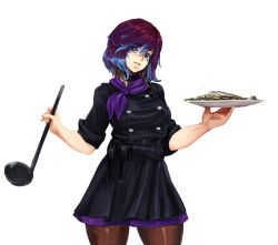  1girl barbariank black_desert blue_eyes blue_hair chef cooking earrings facial_mark fish food jewelry ladle plate purple_eyes purple_hair scarf smile solo sorcerer_(black_desert) two-tone_hair  rating:Sensitive score:6 user:Touchtail