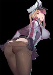 10s 1girl ass black_background black_gloves black_panties black_pantyhose black_skirt blonde_hair blue_eyes breasts capelet clothes_lift clothes_pull club3 cowboy_shot cross female_focus gloves graf_zeppelin_(kancolle) hat kantai_collection lace lace-trimmed_panties lace_trim large_breasts leaning_forward long_hair long_sleeves looking_at_viewer looking_back miniskirt panties panties_under_pantyhose pantyhose pantyhose_pull peaked_cap pulling_own_clothes simple_background skirt skirt_lift solo twintails underwear undressing rating:Questionable score:85 user:danbooru