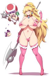  1girl absurdres axe battle_axe bikini blonde_hair blue_eyes blush breasts crown earrings gloves high_heels highres holding holding_weapon huge_breasts jewelry konno_tohiro looking_at_viewer mace mario_(series) micro_bikini nintendo ponytail princess_peach swimsuit the_super_mario_bros._movie thighhighs toad_(mario) weapon  rating:Questionable score:165 user:danbooru