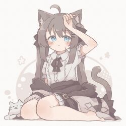  1girl ahoge animal_ears arm_up bare_legs barefoot black_ribbon blue_eyes blush blush_stickers buckle buttons cat closed_mouth collared_shirt colon_br commentary_request highres long_hair looking_at_viewer neck_ribbon on_ground original ribbon shirt short_sleeves sidelocks sitting solo tail twintails white_shirt 