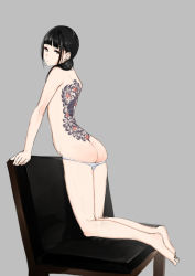 1girl arm_support ass ass_support back_tattoo black_eyes black_hair butt_crack chair full_body grey_background hair_over_shoulder kneeling looking_at_viewer original panties panty_pull simple_background solo tattoo topless tsukino_wagamo twintails underwear underwear_only  rating:Questionable score:56 user:danbooru