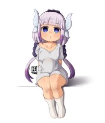  1girl absurdres arms_behind_back artist_logo black_bow black_hairband blue_eyes blush bow collarbone dragon_girl dragon_horns dress dress_shirt empty_eyes expressionless eyebrows eyebrows_hidden_by_hair female_focus full_body gradient_hair hair_bow hairband highres horns jarp-art kanna_kamui kobayashi-san_chi_no_maidragon legs_together light_purple_hair loli long_hair looking_at_viewer low_twintails multicolored_hair parted_lips shirt short_sleeves simple_background sitting sitting_on_dildo sitting_on_object slit_pupils socks solo stomach straight-on surprised thighs twintails white_background white_dress white_socks 