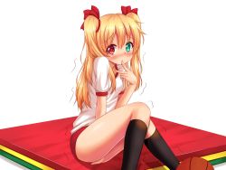 10s 1girl ball basketball basketball_(object) blonde_hair blush boku_wa_tomodachi_ga_sukunai buruma covering_privates covering_crotch finger_to_mouth gym_uniform hasegawa_kobato have_to_pee heterochromia highres kneehighs knees_together_feet_apart legs loli long_hair nottytiffy ribbon simple_background sitting socks solo trembling twintails two_side_up rating:Questionable score:30 user:danbooru