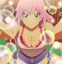  1girl anime_screenshot aqua_eyes blue_shorts bra breasts camisole cleavage collarbone downblouse earrings fuufu_ijou_koibito_miman. highres jewelry long_hair looking_at_viewer medium_breasts pink_bra pink_hair pov screencap short_shorts shorts sitting solo stitched third-party_edit turquoise_eyes underwear watanabe_akari white_camisole  rating:Sensitive score:123 user:protoss