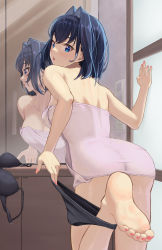 1girl absurdres ass bangom_r barefoot black_bra black_panties blue_eyes blue_hair blush bra breasts convenient_leg feet from_behind hair_intakes hand_up highres hololive hololive_english indoors looking_back medium_breasts medium_hair mirror nail_polish naked_towel ouro_kronii panties panties_around_leg panty_pull parted_lips pulling_own_clothes red_nails reflection soles solo standing standing_on_one_leg toenail_polish toenails towel underwear undressing unworn_bra unworn_panties virtual_youtuber rating:Questionable score:164 user:danbooru