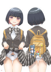  1girl absurdres backpack bag blazer blunt_bangs blunt_ends bob_cut bow bow_panties bowtie clothes_lift colored_inner_hair commentary_request crotch_seam dress_shirt gluteal_fold grey_bow grey_bowtie grey_jacket grey_skirt half-closed_eyes highres jacket lifted_by_self looking_at_viewer miniskirt multicolored_hair multiple_views nao_suke open_mouth original panties pink_eyes pink_hair plaid plaid_bow plaid_bowtie plaid_skirt pleated_skirt school_uniform shirt short_hair simple_background skirt skirt_lift smile standing stuffed_animal stuffed_toy teddy_bear thigh_gap underwear wardrobe_malfunction white_background white_panties white_shirt wing_collar 