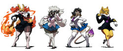  2019 4girls animal_ear_fluff animal_nose arms_up big_nose bittenhard black_footwear black_shirt black_skirt blonde_hair blue_eyes blue_eyeshadow blue_skirt body_fur braixen breasts brown_lips collarbone commentary contrapposto creatures_(company) curvy dog_girl dog_tail earrings english_commentary eyeshadow female_focus fire fox_girl fox_tail full_body fur_collar fur_trim furfrou furry furry_female game_freak gen_1_pokemon gen_2_pokemon gen_6_pokemon grin half-closed_eyes hands_on_own_hips high_heels holding holding_wand humanization hypno jewelry large_breasts long_hair long_sleeves long_tail looking_at_viewer medium_breasts multiple_girls narrow_waist necktie nintendo no_humans open_mouth paint parted_lips piercing pointy_ears pokemon pokemon_(creature) purple_necktie pyrokinesis red_eyes red_necktie school_uniform shadow shirt simple_background skirt smeargle smile snout socks spread_fingers standing standing_on_one_leg tail teeth thick_lips thick_thighs thighhighs thighs upper_teeth_only very_long_hair wand white_background white_shirt white_socks white_thighhighs wide_hips yellow_fur 
