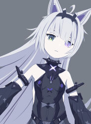  1girl 32zzz ahoge animal_ears armlet black_bodysuit black_hairband bodysuit closed_mouth cross-shaped_pupils detached_sleeves green_eyes grey_hair hairband heterochromia highres long_hair mechanical_ears mismatched_pupils no.21:_feral_scent_(punishing:_gray_raven) no.21_(punishing:_gray_raven) punishing:_gray_raven purple_eyes sidelocks sleeveless sleeveless_bodysuit solo symbol-shaped_pupils wolf_ears 