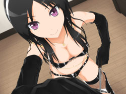1boy 1girl bdsm bikini black_hair bondage bondage_outfit bound branded branding_iron breasts cleavage covering_another&#039;s_mouth dominatrix elbow_gloves femdom gloves hand_over_another&#039;s_mouth long_hair nm_(tshell2761) original pov purple_eyes shiny_clothes smile swimsuit thighhighs rating:Sensitive score:120 user:danbooru