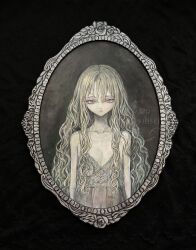  1girl acrylic_paint_(medium) bare_shoulders blonde_hair collarbone commentary_request expressionless flat_chest highres long_hair looking_at_viewer nightgown original painting_(medium) pale_skin photo_(medium) picture_frame pink_eyes solo sumire_shisei traditional_media wavy_hair wet white_nightgown 