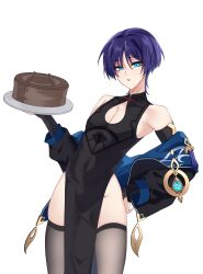  1boy absurdres black_jacket black_shirt black_sleeves blue_eyes chinese_clothes chobonu clothing_cutout genshin_impact hair_between_eyes highres holding holding_plate jacket looking_at_viewer male_focus open_mouth plate purple_hair scaramouche_(genshin_impact) shirt short_hair solo thighhighs vision_(genshin_impact) wanderer_(genshin_impact) white_background 