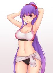 10s 1girl armpits arms_up bb_(fate) bb_(fate/extra) bluefield blush breasts clothes_around_waist collarbone cowboy_shot fate/extra fate/extra_ccc fate_(series) hair_ribbon highres light_smile long_hair looking_at_viewer medium_breasts midriff navel parted_lips purple_eyes purple_hair red_ribbon ribbon simple_background solo sports_bikini sports_bra sweatdrop sweater sweater_around_waist thighs very_long_hair rating:Sensitive score:128 user:danbooru