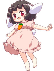  1girl animal_ears barefoot bebeneko black_hair blush carrot_necklace commentary_request dress floppy_ears frilled_sleeves frills full_body highres inaba_tewi jewelry looking_at_viewer medium_bangs necklace open_mouth pink_dress puffy_short_sleeves puffy_sleeves rabbit_ears rabbit_girl rabbit_tail red_eyes short_hair short_sleeves simple_background smile solo tail touhou white_background  rating:General score:5 user:danbooru