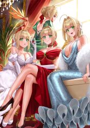 4girls absurdres ahoge alcohol backlighting bare_shoulders blonde_hair blush braid breasts brooch choker cleavage crossed_legs crown cup dragon_tail dress drinking_glass elbow_gloves facial_mark fate/grand_order fate_(series) feather_boa french_braid gloves green_dress green_eyes hair_bun hair_intakes hair_ribbon high_heels highres jewelry large_breasts long_hair looking_at_viewer looking_back multiple_girls multiple_persona nero_claudius_(bride)_(fate) nero_claudius_(fate) nero_claudius_(fate)_(all) nero_claudius_(fate/extra) nero_claudius_(swimsuit_caster)_(fate) nero_claudius_(swimsuit_caster)_(third_ascension)_(fate) open_mouth pointy_ears queen_draco_(fate) red_dress red_eyes red_ribbon revision ribbon silver_dress sitting small_breasts smile tail white_dress white_gloves white_ribbon window wine wine_glass yayoi_maka 