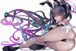 1girl absurdly_long_hair animal_ears ass ass_grab black_footwear black_hair black_leotard blue_archive breasts closed_mouth commentary dark-skinned_female dark_skin english_commentary fake_animal_ears fishnet_pantyhose fishnets gloves grabbing_own_ass gradient_hair gun halo high_heels holding holding_gun holding_weapon hot_vr huge_ass karin_(blue_archive) karin_(bunny)_(blue_archive) large_breasts leotard long_hair looking_at_viewer lying multicolored_hair official_alternate_costume on_side pantyhose playboy_bunny purple_hair purple_halo rabbit_ears shoulder_tattoo simple_background solo tattoo thong_leotard very_long_hair weapon white_background white_gloves white_wrist_cuffs wrist_cuffs yellow_eyes