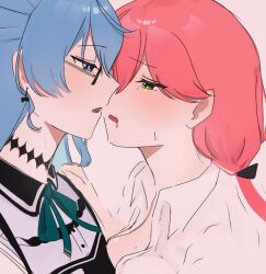  2girls after_kiss blue_eyes blue_hair breast_press breasts collared_shirt earrings glasses green_eyes grey_background half-closed_eyes hand_on_another&#039;s_shoulder hatehate hololive hoshimachi_suisei hoshimachi_suisei_(streetwear) jewelry long_hair medium_breasts multiple_girls official_alternate_costume open_clothes open_shirt parted_lips pink_hair sakura_miko saliva saliva_trail shirt simple_background sleeveless sleeveless_shirt sweat upper_body virtual_youtuber white_shirt yuri 