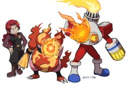  ._. 2boys arm_cannon chiha_bobobo clenched_teeth commentary_request creatures_(company) crossover facial_hair fire fireman.exe game_freak gen_4_pokemon goatee hands_on_own_hips highres magmortar male_focus mega_man_(series) mega_man_battle_network_(series) mega_man_battle_network_4 mr._match_(mega_man) multiple_boys nintendo no_mouth pokemon pokemon_(creature) red_hair simple_background teeth weapon white_background 