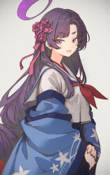  1girl bespin blue_archive blush fang grey_background hair_ornament halo haori highres japanese_clothes long_hair long_sleeves neckerchief open_mouth purple_eyes purple_hair purple_halo red_neckerchief sailor_collar school_uniform serafuku simple_background skin_fang smile solo twitter_username white_sailor_collar yukari_(blue_archive) 