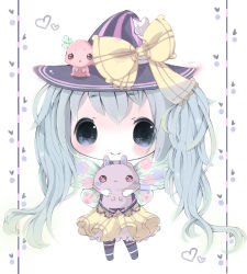1girl aqua_hair blue_eyes chibi creature hat hatsune_miku long_hair mochigome_(188060) pantyhose skirt smile solo striped_clothes striped_pantyhose twintails very_long_hair vocaloid wings witch_hat