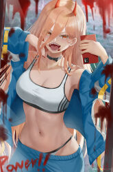  1girl :d bare_shoulders black_choker blonde_hair blood blue_jacket breasts cellphone chainsaw_man choker cleavage commentary crop_top cyicheng hair_between_eyes holding holding_phone horns jacket large_breasts long_hair long_sleeves looking_at_viewer midriff navel off_shoulder open_clothes open_jacket open_mouth phone power_(chainsaw_man) red_eyes sharp_teeth smartphone smile solo sports_bra stomach teeth upper_body very_long_hair  rating:Sensitive score:21 user:danbooru