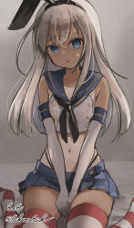 1girl black_hairband black_neckerchief black_panties blonde_hair blue_eyes blue_sailor_collar blue_skirt commentary_request cosplay crop_top eckert&amp;eich elbow_gloves empty_eyes gloves hairband highleg highleg_panties highres kantai_collection long_hair looking_at_viewer microskirt miniskirt neckerchief one-hour_drawing_challenge one-piece_tan panties pleated_skirt ro-500_(kancolle) sailor_collar shimakaze_(kancolle) shimakaze_(kancolle)_(cosplay) sitting skirt solo striped_clothes striped_thighhighs tan tanline thighhighs underwear v_arms wariza white_gloves rating:Sensitive score:29 user:danbooru
