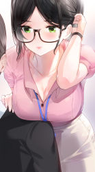 1boy 1girl black-framed_eyewear breast_rest breasts breasts_on_shoulders cleavage collared_shirt commentary_request glasses green_eyes tucking_hair hand_on_another&#039;s_shoulder highres kfr lanyard large_breasts no_bangs office_lady original out_of_frame parted_bangs pink_shirt semi-rimless_eyewear shirt short_sleeves sidelocks skirt smile under-rim_eyewear watch white_skirt wristwatch rating:Sensitive score:33 user:danbooru