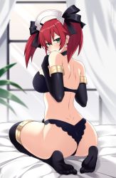  1girl back_muscles bare_shoulders bed bedroom bra breasts cave_(developer) cave_(neptunia) curtains dimples_of_venus earrings gloves green_eyes hat highres jewelry lindaroze lingerie long_hair medium_breasts neptune_(series) panties pants plant red_hair ribbon sitting solo thighs twintails underwear wariza window 