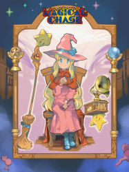  1girl adovo blonde_hair blue_eyes boots broom capelet chair hat magical_chase phonograph ripple_(magical_chase) sitting solo star_(symbol) witch witch_hat  rating:Sensitive score:4 user:danbooru