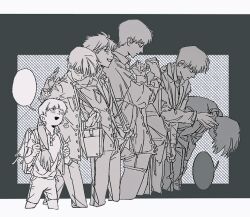  6+boys age_progression arm_around_neck backpack bag black_background blunt_ends blush buttons character_request chinese_commentary closed_eyes closed_mouth collared_jacket collared_shirt commentary_request cropped_legs frown gakuran greyscale grin high_collar jacket kageyama_shigeo layered_sleeves leaning_forward letterboxed male_focus mob_psycho_100 monochrome multiple_boys multiple_girls outside_border pants pen school_bag school_uniform shirt short_hair short_sleeves shorts simple_background smile speech_bubble strap_pull the1111255 