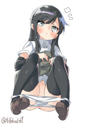  10s 1girl ^^^ arm_warmers asashio_(kancolle) bad_id bad_twitter_id black_hair black_skirt black_thighhighs blue_eyes blush brown_footwear clothes_lift collared_shirt ebifurya full_body highres inactive_account kantai_collection lifted_by_self long_hair looking_at_viewer panties panty_pull parted_lips pleated_skirt shirt shoes short_sleeves sidelocks simple_background skirt skirt_lift solo squatting suspender_skirt suspenders thighhighs twitter_username underwear white_background white_panties white_shirt  rating:Questionable score:7 user:danbooru